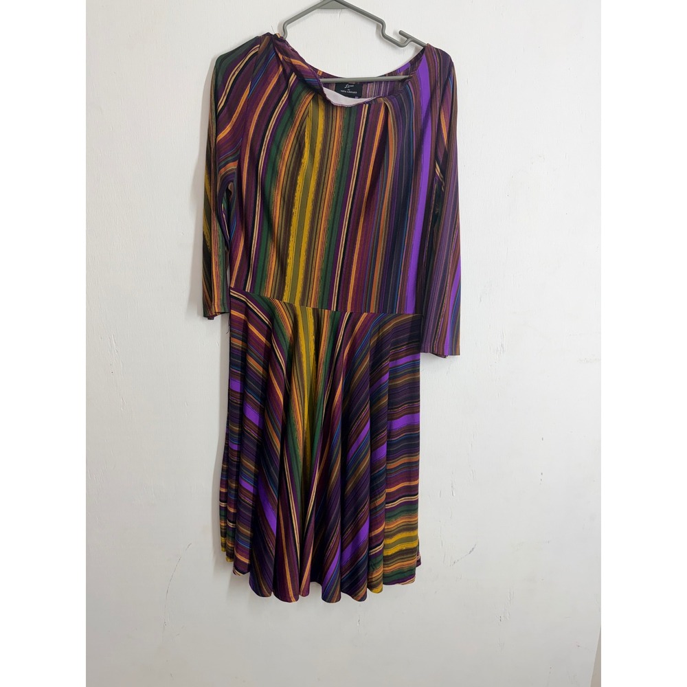 Lennie for Nina Leonard Multi Color Stripe Fit & Flare Dress Purple Green Gold M